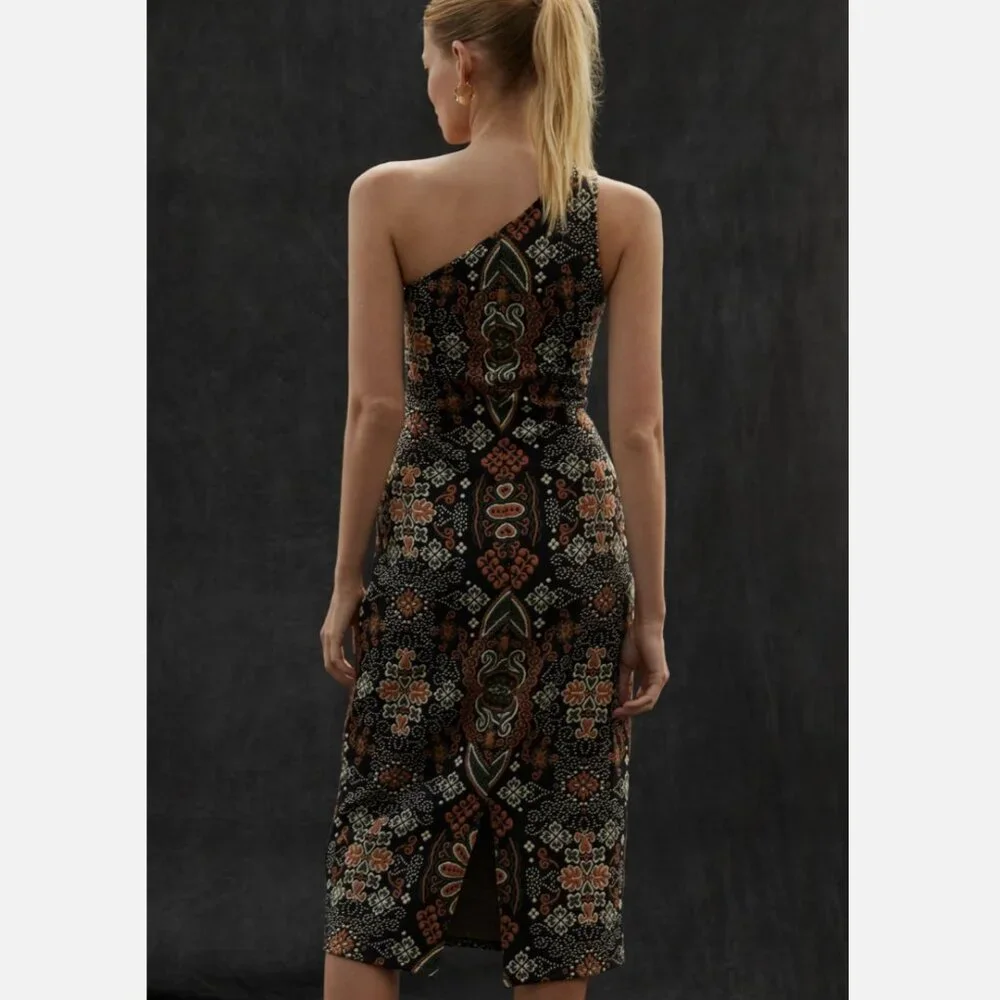 Anthropologie Black One Shoulder Jacquard Midi Dress - Picture 3 of 3